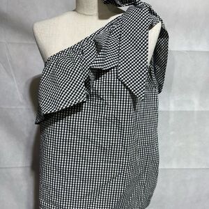 Vineyard Vines Blouse Women’s 6  Stretch Gingham Ruffle One Shoulder Tie Top Bow